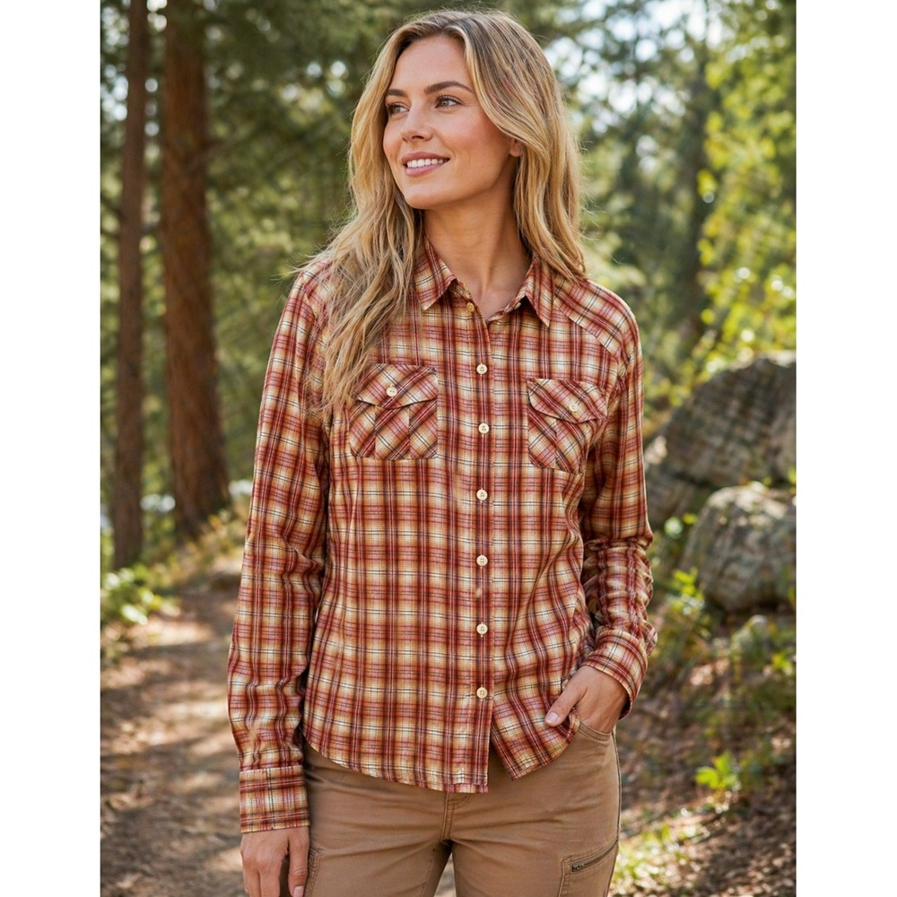 Pendleton Vented Long Sleeve Button Up Shirt Womens Large Red Tan Plaid Cotton - Picture 1 of 15